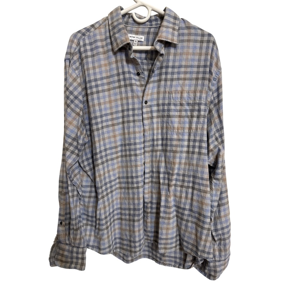 Peter Millar Mens XL Blue Tan Grey Plaid Cotton Long Sleeve Button Down Shirt